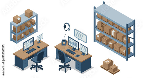 isometric warehouse office workspace with desks shelving and cardboard boxes in modern style