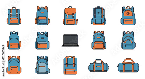Collection of Blue and Orange Backpacks and Duffel Bags.