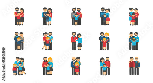 Diverse Couples Illustration Set: Cartoon Style Various Poses and Outfits.