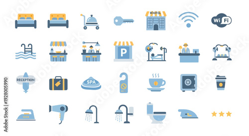 Colorful flat icon set representing hotel services travel and hospitality amenities.