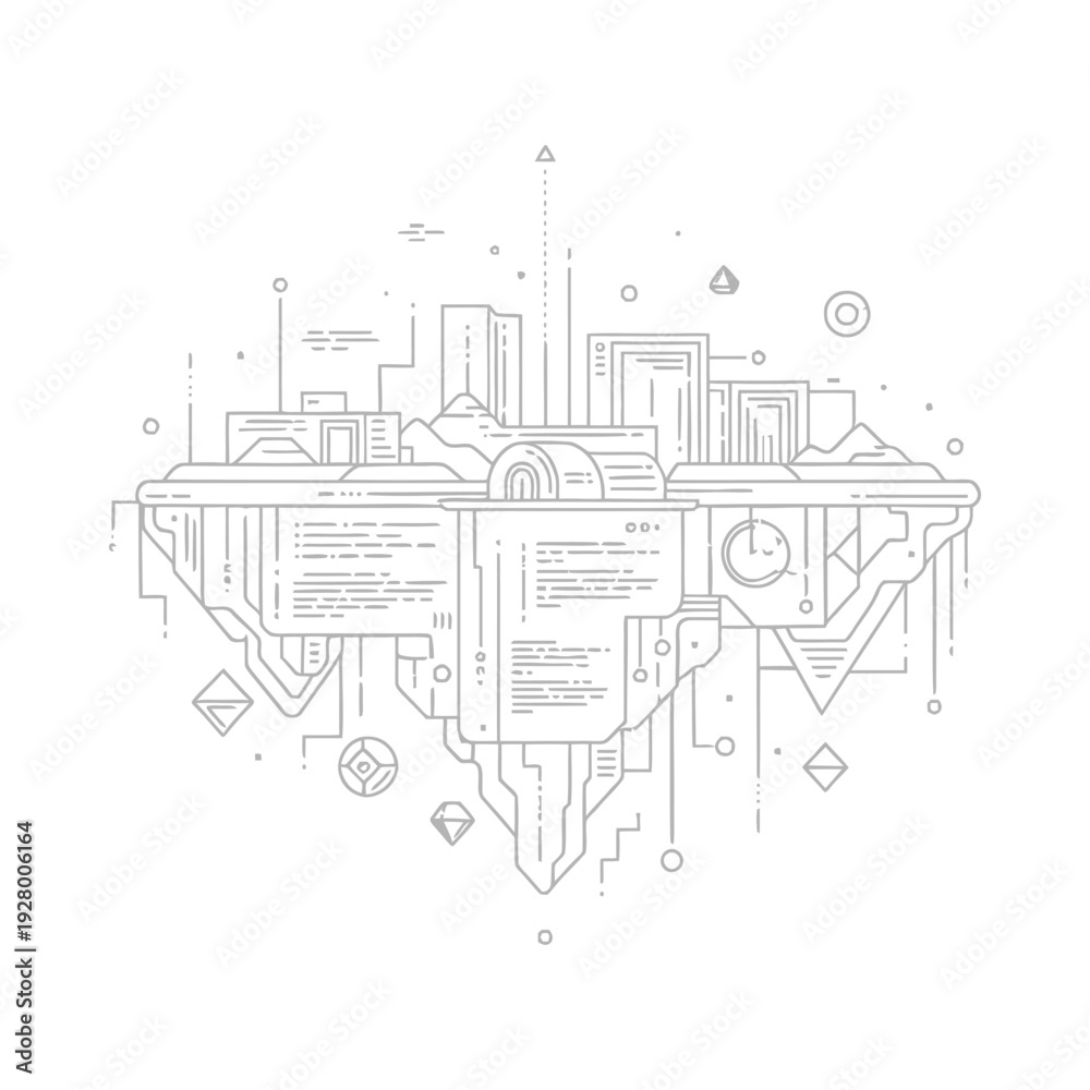 Fototapeta premium Futuristic cityscape with abstract architecture and technological symbols in a digital illustration