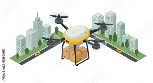delivery drone carrying packages flying over cityscape in isometric style modern logistics concept