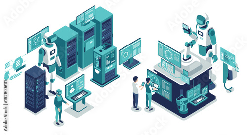 isometric robots monitoring servers and controlling technology with humans in futuristic data center design