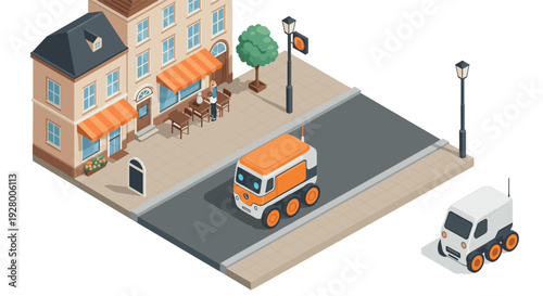 isometric delivery robot on city street near cafe building with orange awnings and outdoor seating modern urban scene