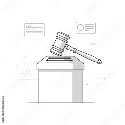 Gavel rests on a judicial desk with documents in a legal or auction setting symbolizing authority and decision