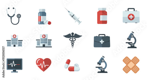 Collection of Medical Icons Representing Healthcare and Medicine.