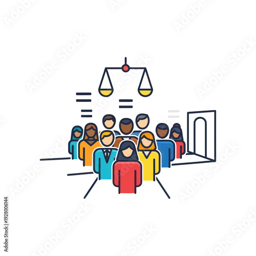 Group of diverse people with justice scales and legal entrance