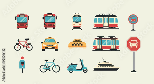Diverse Urban Transportation Vehicles and Traffic Signs Icon Set in Flat Design.
