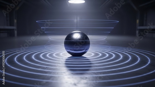 An enigmatic and advanced dark metallic sphere, textured with subtle surface patterns and pulsating with ethereal blue glowing energy lines that form concentric ripples, is dramatically illuminated by