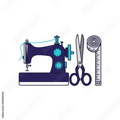 Flat design sewing machine with tailoring tools icon set