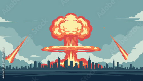 city skyline silhouette with large hand drawn nuclear explosion and meteors falling in a modern flat style