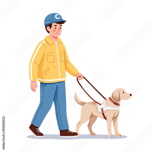 Young man walking guide dog on a white background  