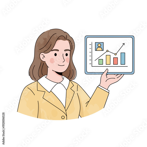 Businesswoman presenting growth chart on tablet in professional attire  