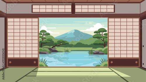 Japanese traditional room interior with sliding shoji doors opening to scenic garden and mountain view in flat style