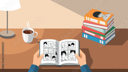 person reading manga comic book at desk with stack of colorful books and coffee cup minimalist flat style