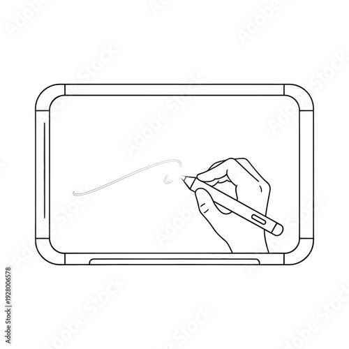 Hand holding stylus drawing on digital tablet with blank screen and simple black outline design