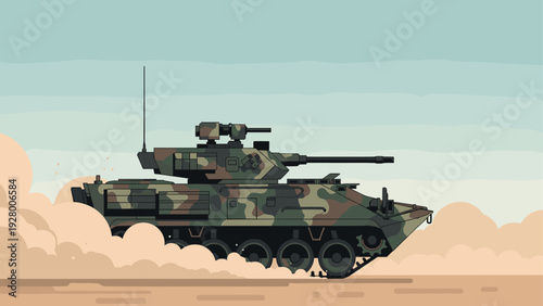 side view of military armored tank with camouflage pattern hand drawn illustration