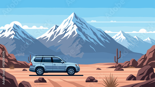 blue suv parked in desert mountain landscape digital illustration
