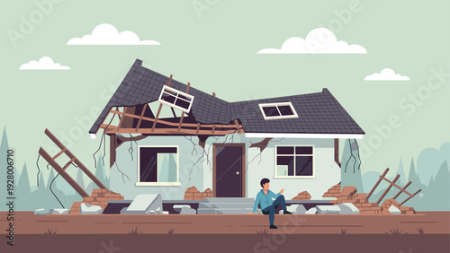 damaged house with collapsed roof and broken walls with man sitting in front hand drawn disaster recovery illustration