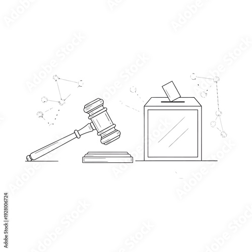 Wooden gavel resting on stand beside ballot box with paper slip symbolizing justice and democracy in monochromatic sketch style