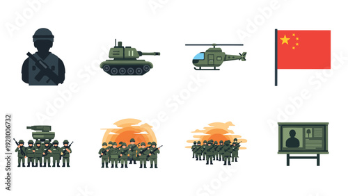 set of Chinese army soldier icons tank helicopter and flag in flat style