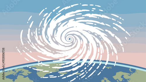 white swirling hurricane over earth illustration in flat style with pastel background