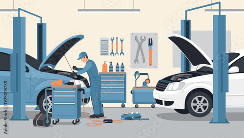 mechanic repairing car engine in service garage hand drawn illustration with tools and equipment