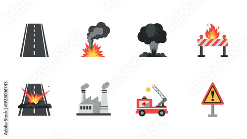 explosion and fire safety icon set with road, factory, fire truck, and warning sign in flat style