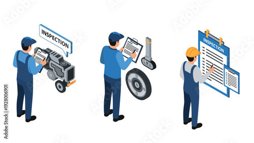 isometric industrial inspection of engine parts and machinery with workers holding clipboards in flat style