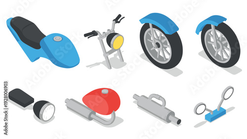 isometric motorcycle parts collection with seat handlebars wheels exhaust and mirrors flat design