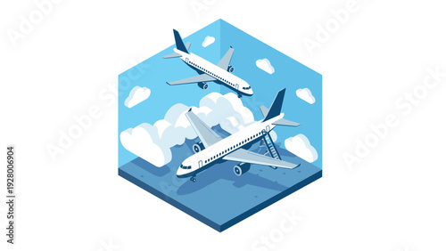 two isometric airplanes flying and parked with ladder in hand drawn style travel illustration