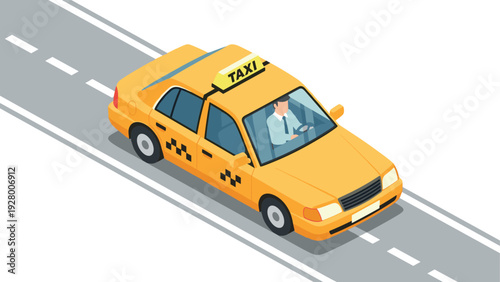 isometric yellow taxi car with driver on city road illustration