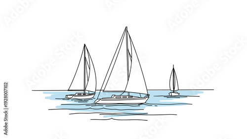sailboats on the water hand drawn line art with minimal blue waves sailing concept