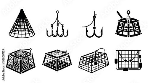 set of black silhouette fishing traps and hooks hand drawn vector icons for fishing design