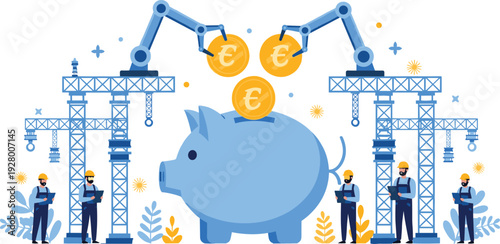 Financial growth investment concept with piggy bank, construction cranes and robotic arms inserting euro coins, business savings strategy illustration