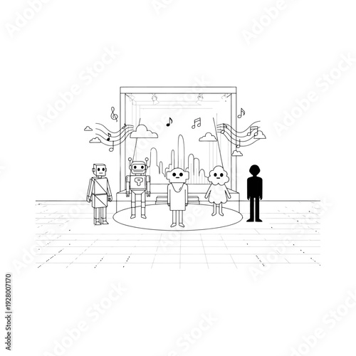Simple black and white line art illustration of people and robots interacting in a futuristic cityscape environment with abstract background elements
