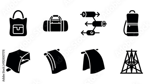 silhouette icons of backpacks, gym bag, arrows, tents, and oil derrick in black flat style