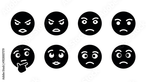 set of eight hand drawn black angry and thoughtful emoji icons with various facial expressions