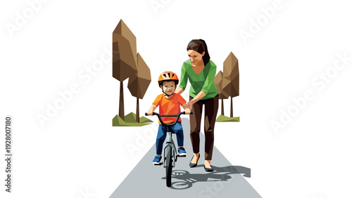 mother teaching her child to ride a bicycle in a low poly style with trees in the background