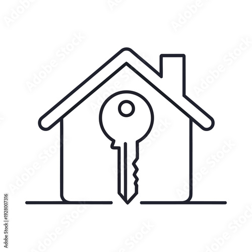 Modern house key icon with minimalist home graphic symbolizing real estate ownership and security in a clean design style