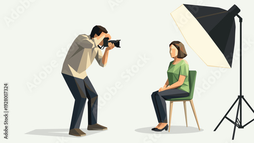 portrait photography session with photographer and female model in minimalist geometric style