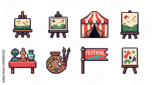 pixel art illustration of art easels paint palette flag and festival tent set