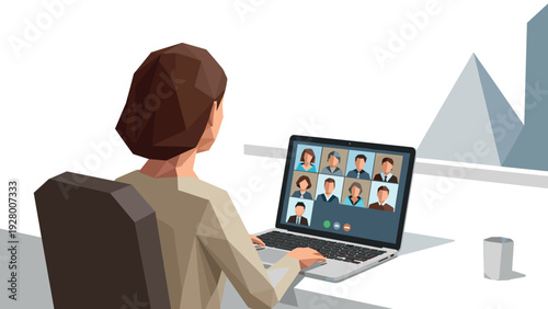 woman attending video conference meeting on laptop low poly style remote work illustration