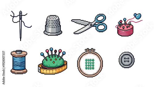 sewing tools pixel art set with needle thimble scissors pin cushion thread spool embroidery hoop and button icons