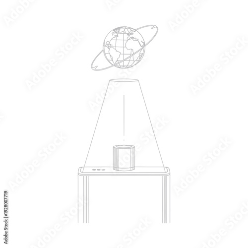 Wireframe illustration of a table with a lamp and a planet hovering above simple line art design for concepts