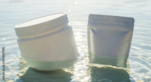 White cosmetic jar and pouch floating in clear water, minimalist product shot.