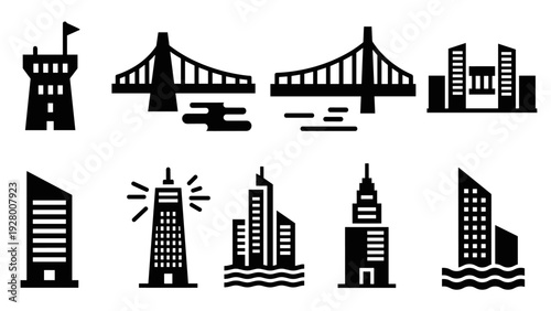 set of black silhouette city buildings and bridges icons in minimalist style