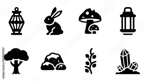 set of black silhouette forest elements including lanterns rabbit mushrooms tree rocks plant and crystals in simple vector style