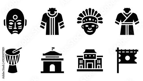black silhouette icons of traditional cultural mask clothing drum building and flag set hand drawn style