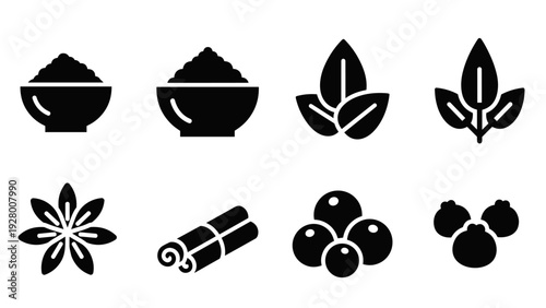 set of black silhouette spice and herb icons with cinnamon star anise and leaves in vector style
